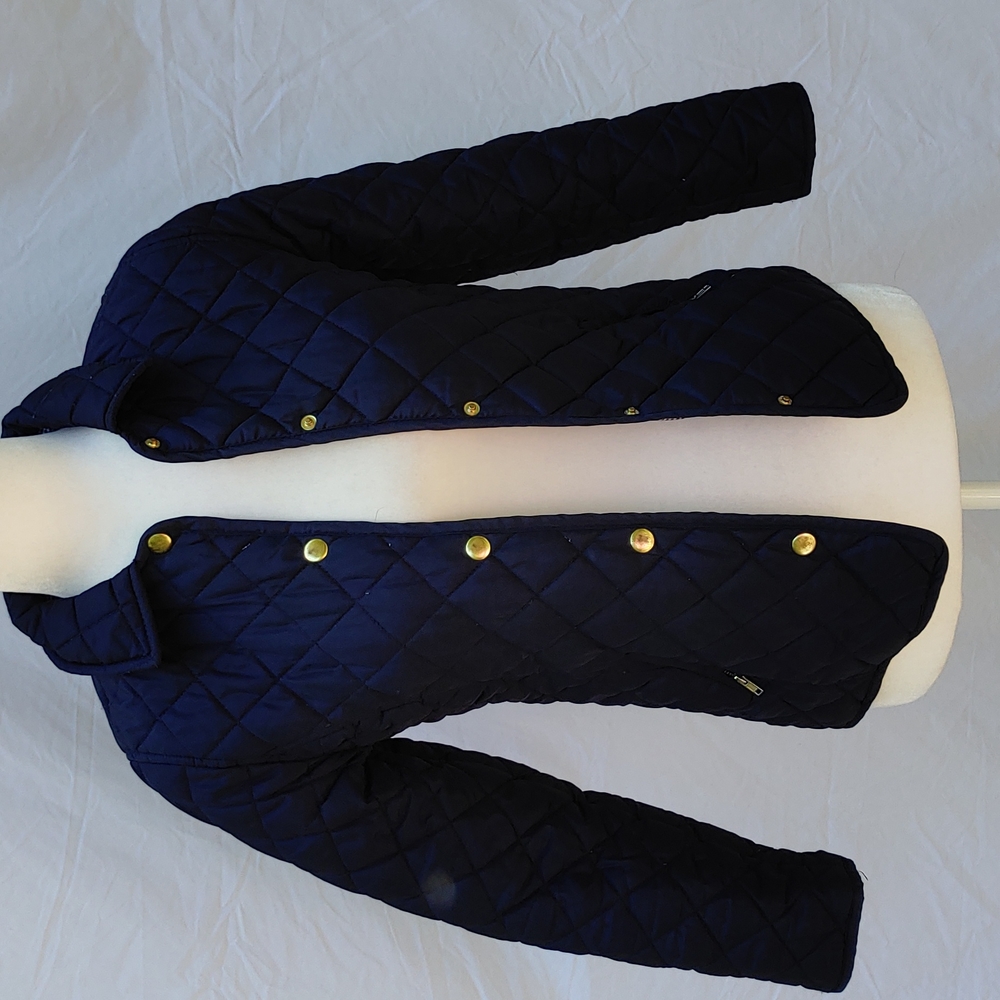 Girls Crown and Ivy navy quilted jacket, sz L, plaid lining, snap front